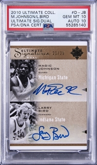 2010 Ultimate Collection "Ultimate Signatures Dual" #D-JB Magic Johnson/Larry Bird Dual Signed Card (#21/25) - PSA GEM MT 10, PSA/DNA 10 